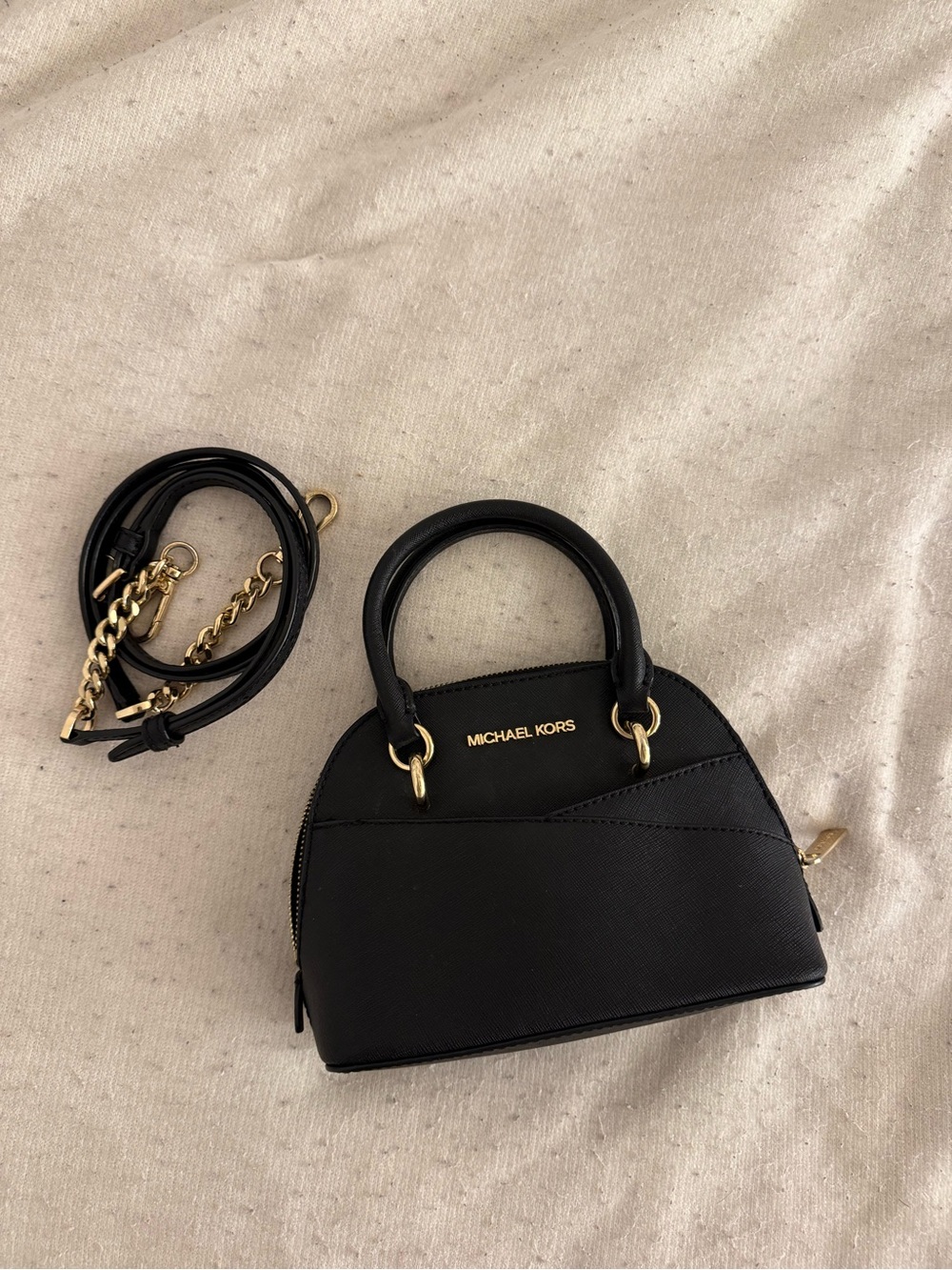 Michael Kors Black Dome Satchel with Gold Hardware and Chain Strap